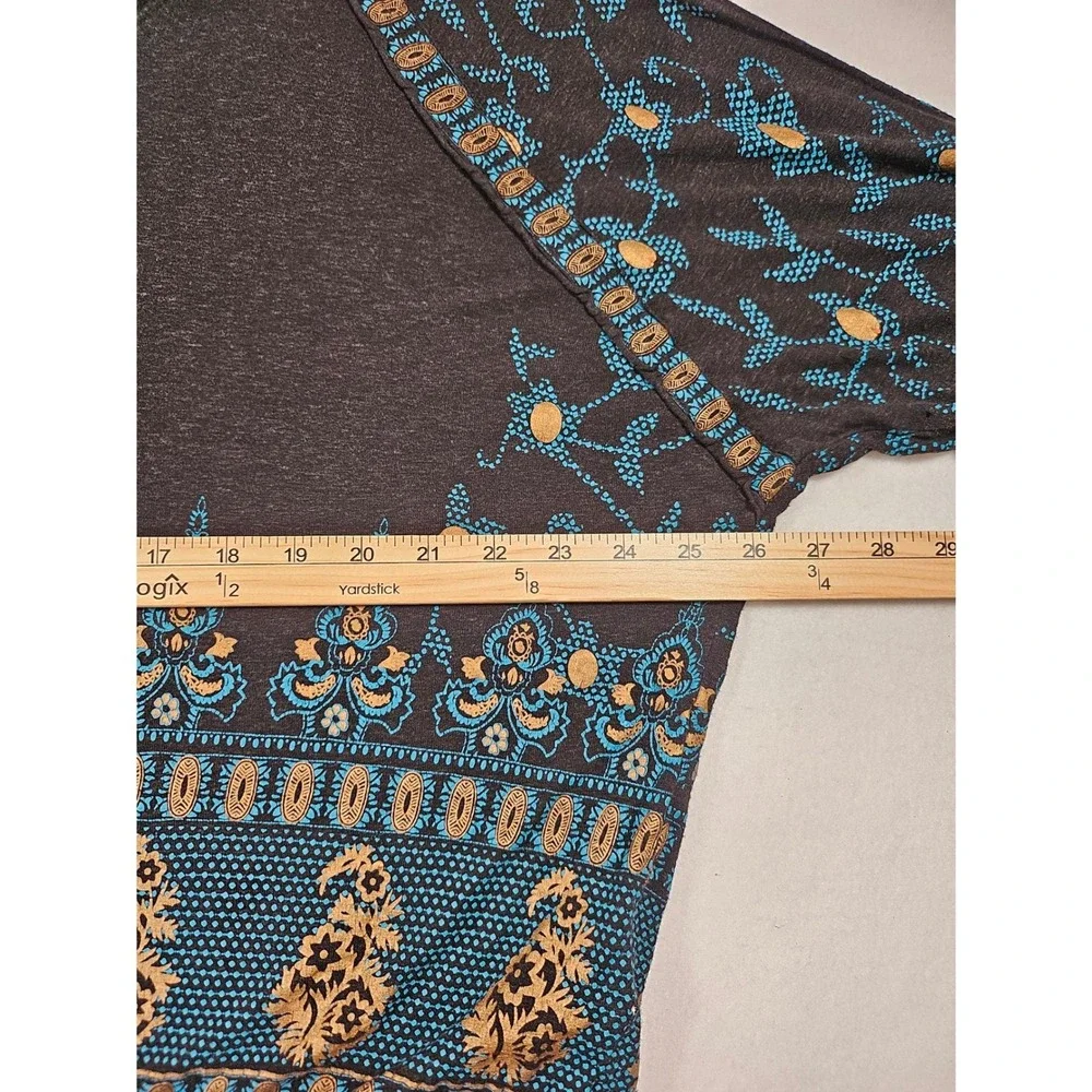 Free People Womens Boho Paisley Border Print V-Neck Linen Blend Top Black Medium